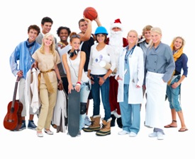 Group of smiling friends standing against white background with Santa Claus