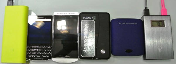 From left: XiaoMi 16,000mAh powerbank, BlackBerry Porsche Design P'9983, BlackBerry Porsche Design P'9982, Lenmar Helix 11,000mAh, Tech Armor ActivePower 12,000mAh, IntoCircuit Power Castle 11,200mAh